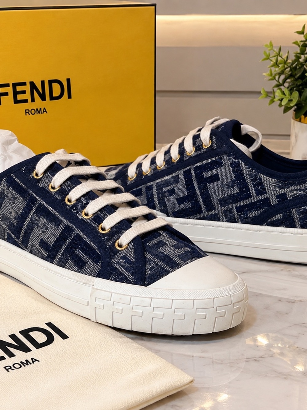 Fendi Navy FF Logo Canvas Low-Top Sneakers with White Accents